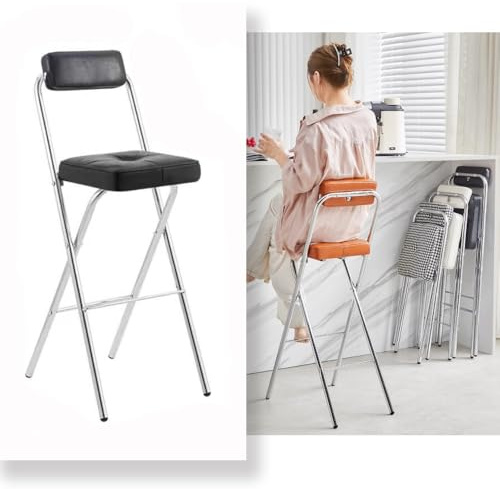 OPOLDBDMAC Sgabello Pieghevole con Schienale, Sgabello Alto Pieghevole con Seduta in Pelle Imbottita, Sgabello da Bar A Altezza Banco, Sedie Portatili Pieghevoli(Black,65cm/25.6in)
