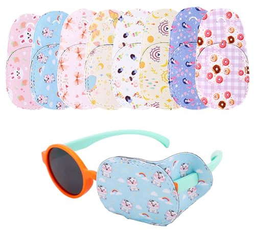 8pcs Cache-Œil Gauche pour Lunettes, Couvre Réutilisable Imprimés Dessins Animés Amusants Bouclier Oculaire pour Enfants Filles Tout-Petits Entraînement & Correction l’Œil Paresseux (8 Styles)