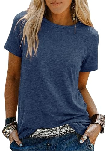 Demegimi T Shirt Femme Ete Chic Col Rond T-Shirt Basique Ample Couleur Unie