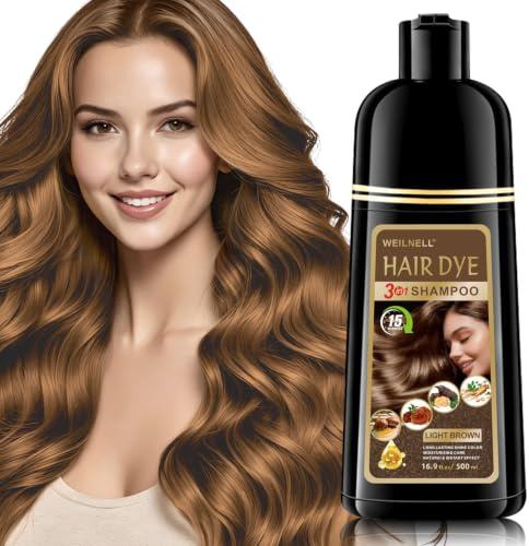 Champú Tinte Marrón Claro Cubre Canas, Light Brown Hair Dye Shampoo 3 en 1, Naturales Herbales Champú para Cabello Marrón Claro Instantáneo Champu Colorante Tinte para Hombre y Mujer 500 ML