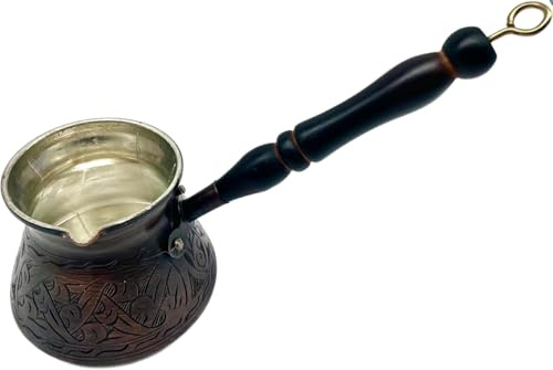 Cezvex rame più spesso, turco, greco, arabo, caffettiera Cezve Ibrik Briki con manico in legno e cucchiaio (rame antico, 4500 ml)