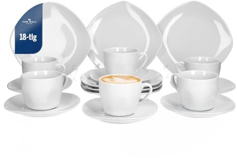 Van Well Lilli Kaffeeservice für 6 Personen, 18-teiliges eckiges Porzellan Geschirr Set in Weiß mit geschwungenen Kanten für die perfekt gedeckte Kaffeetafel – Spülmaschinengeeignet