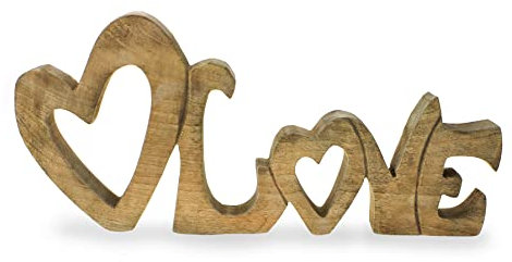 TEMPELWELT Deko Holzaufsteller Schriftzug Love mit Herz 33x15 cm aus Mango Holz Natur braun, Deko Aufsteller englisch Liebe Dekoschild modern