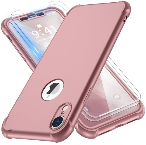 ORETECH para Funda iPhone XR, con [2X Protector Pantalla][Protección de Cámara] Protectora de Cuerpo Completo de 360 Grados Antigolpes Silicona Premium y Hard PC Carcasa iPhone XR Case 6.1 Rosa
