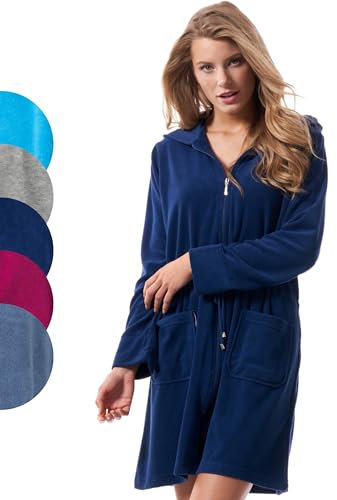 Morgenstern Bademantel Damen mit Reißverschluss und Kapuze Blau Dunkelblau Kurzbademantel L Baumwolle Frauen weich frottee zipp kurz leicht