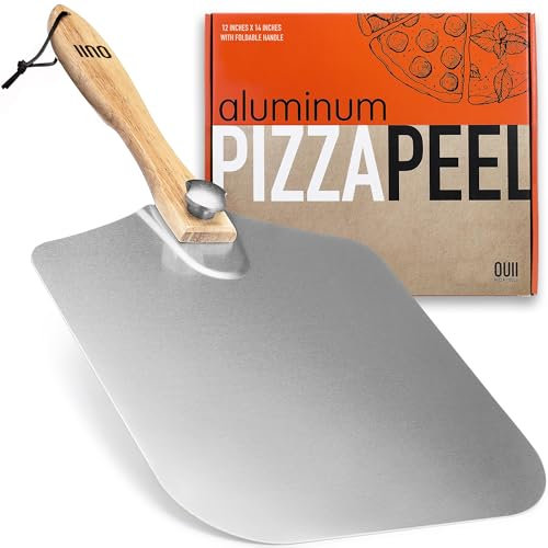 OUII Pala per pizza in alluminio, 30,5 x 35,5 cm, spatola per pizza per forno con manico in legno pieghevole, accessori per forno per pizza, buccia per pane, pasticceria, impasto, spatola per torte