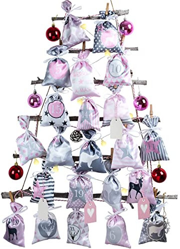 Adventskalender zum Befüllen Stoffsäckchen, 24 Stoffbeutel Kette zum selber Basteln und Aufhängen, 2025 Weihnachtskalender zum selberfüllen mit Rosa Grau Groß Säckchen für Kinder Mädchen Frauen