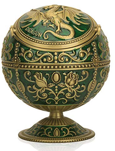 K COOL Pterosaur Windproof Ashtray with Flip Lid for Cigarette Metal Smoking Ash tray Indoor Outdoor, Rose Pattern Classy Gift for Women Men (Green-Bronze)