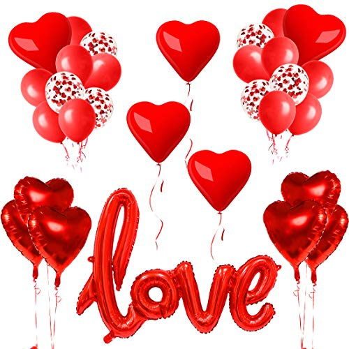 Romantische Deko, Valentinstag Deko 32pcs, Herzluftballons, XXL Love Ballon Rote Herz Folienballon Konfetti Ballon, Love Deko ​für Heiratsantrag Verlobung Party Dekoration Überraschung