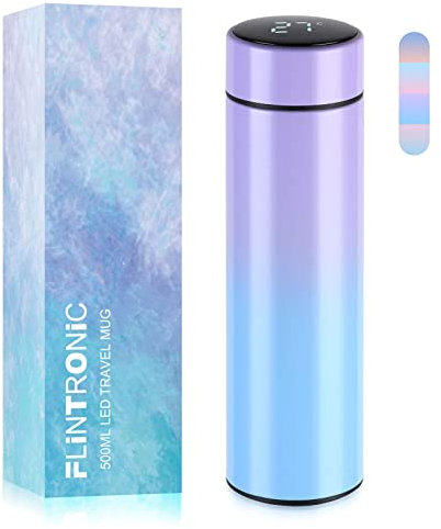 Flintronic Thermosflasche, 500ml Vakuum Isolierbecher Trinkflasche aus 304 Edelstahl, Wasserflasche mit LED-Touchscreen Temperaturanzeige, Edelstahl Trinkflasche Auslaufsicher, BPA-Frei