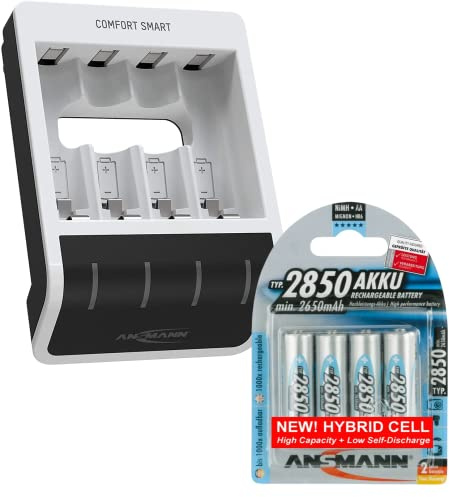 ANSMANN Battery Charger for 1-4 AA/AAA Batteries with Perfect 7 Charging Technology & Repair Mode - Comfort Smart + 4 pcs of Ansmann AA 2850 mah Hybrid Rechargeable Batteries