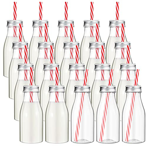 Yinkin 20 Sets Plastic Milk Bottles with Straws Lids Clear Plastic Containers for Dairy Milk Party Bottle for Juices Shakes Smoothies (8 oz,Red,White)