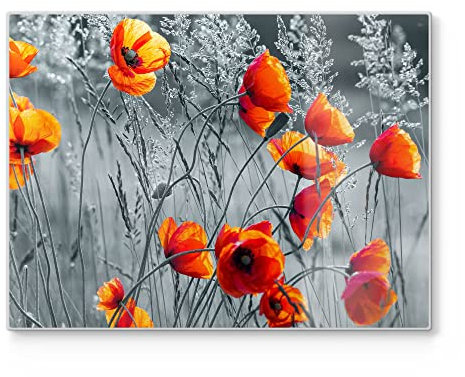 DEQORI Planche à découper en verre Grande taille 40 x 30 cm Motif coquelicots rouges Planche antibactérienne et antidérapante pour cuisine