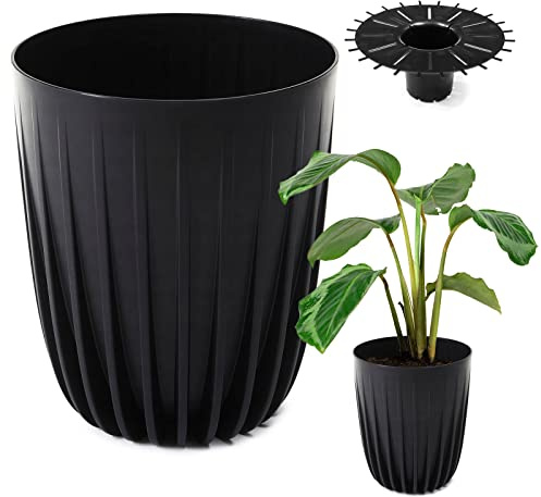 Konzept 11 - Hoher Blumentopf 30cm Durchmesser, Pflanzkübel Groß für Außen, Balkon, Übertopf mit Einsatz Schwarz, Palmentopf