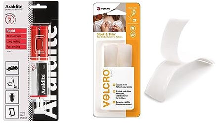 Araldite® Rapid 24ml Syringe Epoxy & VELCRO Brand Sleek & Thin Sew on Fastener for Fabrics Strong Hook & Loop Self Adhesive Fastener Perfect for Crafting, Clothing Repairs & Hemming White, 19mm x 90cm