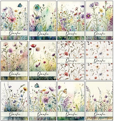 Bear and Bee 12, 24 oder 48 Dankeskarten mit leuchtenden Aquarell-Wildblumen auf der Vorderseite Multipack mit Umschlägen Voll recycelbar und umweltfreundlich (48 Karten mit Umschlägen)