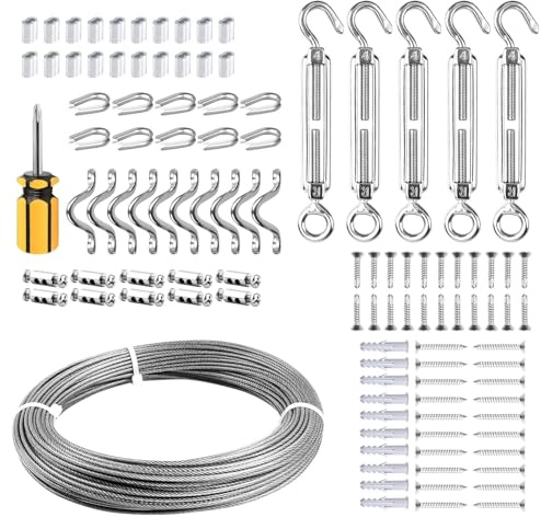 FSHIHINE 30m Drahtseil, 2mm PVC Ummantelt Stahlseil mit M4 Seilspanner, Stahlseil mit Spannschloss, für Lichterkette Hängen, Rankhilfe für Kletterpflanzen,Gardinen, Bilderaufhängen