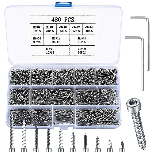 Metric Hex Socket Cap Head Self Tapping Screws, 480pcs M3 Stainless Steel Socket Head Cap Wood Screws Assortment Kit, Hex Drive Head Cap Self Drilling Screws(480 Silver)