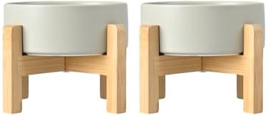 SPUNKYJUNKY Hundenapf Keramik Erhöhter Futternapf Set mit Bambus Ständer für Katzen und Hunde (400ml, Grau)