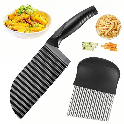 2 Stück Buntmesser für Wellenschnitt Aus Edelstahl, Welliges Kartoffelmesser, Wellenmesser, Riffelmesser Wellenschneider Gemüse, Wellenschnittmesser für Gemüse Obst Frucht Kartoffel, Schwarz