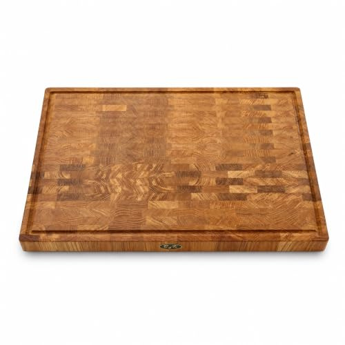 B4K® Schneidebrett aus Eiche Stirnholz 60 × 40 × 4 cm | Massiver Hackblock, Antibakterielles Hirnholzbrett, Mit Griffen & Silikonfüßen, Für Küche, Fleisch & BBQ