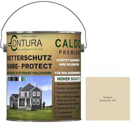 Contura Wetterschutzfarbe 1 Liter Holz Dauerschutzfarbe Deckend Buntlack Holzfarbe Holzlasur Seidenmatt (Nordisch - RAL1015 Analog)