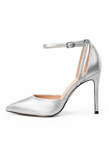 Rio Fiore Scarpe con Tacco Alto, Decollete con Tacco a Spillo, Argento, 8.5 cm, Pelle Sintetica, Décolleté a Punta, Cinturino alla Caviglia, D594-S1835-15 (Silver, 41 EU)