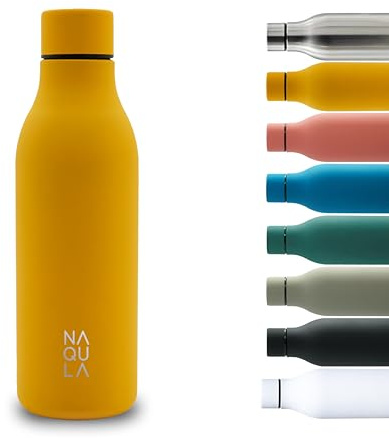 NAQULA® Thermosflasche Edelstahl 500ml. BPA Frei. Auslaufsicher. Modern. Stilvolle Trinkflasche. Minimalistische Wasserflasche. Geeignete Flasche für Büro, Sport, Schule. Gelb (mango yellow).