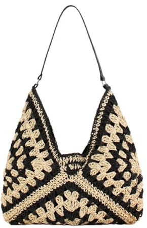 Lebartm Straw Hobo Bags for Women Handmade Woven Basket Shoulder Bag Handmade Handle Tote Bag Bohemian Beach Bag for Summer Travel-Black03