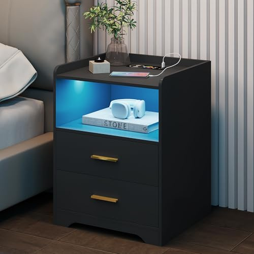 LVSOMT Nachttisch mit Bunte Lichter, RGB Nachttisch mit ladefunktion & USB, Nachttische mit Steckdose und LED, Modernes Nachtschrank Holz für Schlafzimmer, Beistelltisch mit Beleuchtung, Schwarz