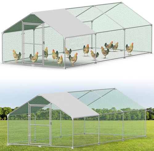 Hühnerstall Freilaufgehege，Verzinkter Stahl Freilaufgehege，Hühnerhaus mit Sicherheitsschloss und Wasserdichtes PE-Farbtuch，Outdoor Geflügelstall für Kaninchen Hühner und weitere Kleintiere，3X6M