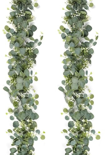2 Stück Eukalyptus Girlande, 1.8m Eukalyptus Deko mit Weiße Blume, Künstliche Hängepflanzen, Künstliche Girlande Pflanze, Hängend Grüne Blätter Deko für Tischdeko, Wedding Decoration (Grau Grün)