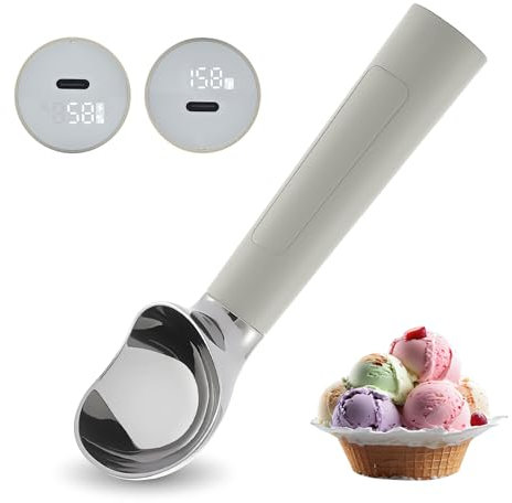 Cuchara de helado calentada recargable, cuchara eléctrica para helado con pantalla LED, se calienta a 70.0 °C para helados duros, fácil para personas mayores y niños, impermeable IP67 (gris, 2 onzas)