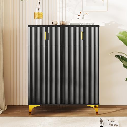 Eleganter Sideboard/Schuhschrank mit Strukturpaneelen, verstellbaren Einlegeböden und vergoldeten Verzierungen, mit Schubladen