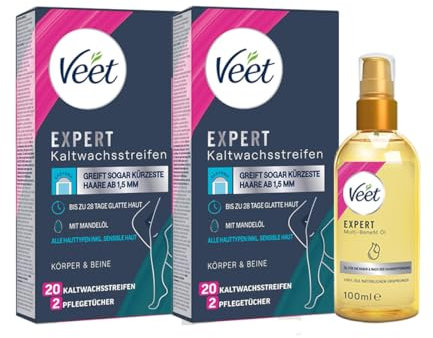 Veet EXPERT Kaltwachsstreifen für Beine & Körper (40 Stück) + Körperöl für die Rasur & nach der Haarentfernung (100ml)