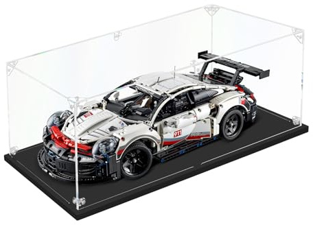 DOFOPO Acryl Vitrine Schaukasten Selbstmontage Klar Acrylbox 55 x 25 x 18cm | Staubdichte Transparente Display case mit schwarzer Basis; Handschuhe & Putztuch; für Modellautos & Automodelle