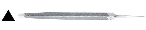Lima triangular para sierras, alta resistencia, grano 150, ideal para afilar y mantener bordes de corte en herramientas y metales.