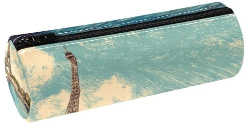 VAPOKF Trousse à crayons en cuir Motif Tour Eiffel Tour Bridge Rivière Sac à crayons Porte-monnaie Cosmétique Trousse de maquillage pour étudiant Papeterie École Bureau Rangement