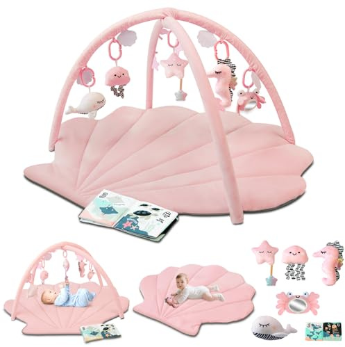 Suihuooo Baby Play Mat, Ocean Shell Theme Playmats & Floor Gyms, Baby Play Gym with 6 Detachable Activity Toys, Early Sensory Development Play Mat for Infant & Newborn (Pink)