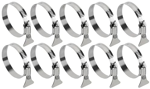 10 Pack 1-1/2 Inch Metallic Pool Hose Clamps, Stainless Steel Adjustable 1-1.5 Diameter Pool Hose Clamps with Thumb Screw (Fit 27-51mm Hose)