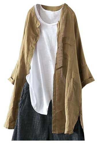 Cardigan d'été long en lin pour femme - Haut d'été surdimensionné en lin - Manches longues - T-shirt d'été décontracté - T-shirt léger - Élégant - Tunique - Couleur unie - Avec poches