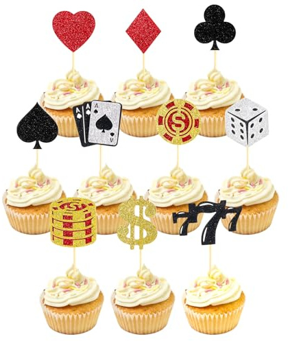 24 Pcs Casino Cupcake Toppers, Casino Party Decorations, Glitter Poker Chips Toppers for Vegas Themed Party Decorations, Fruit Food Picks for Poker Night Decor