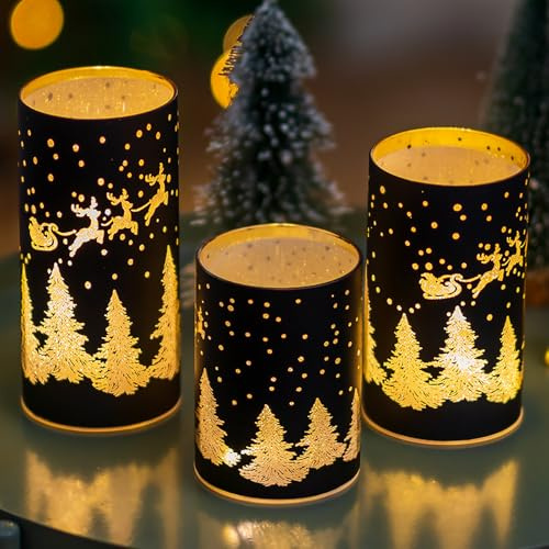 Windlicht Glas für Weihnachtsdeko Innen: Romadedi 3er Set LED Windlichter mit Licht Beleuchtung für Weihnachten Deko Tisch Fensterbank Winterdeko Weihnachtsbeleuchtung Schwarz Gold