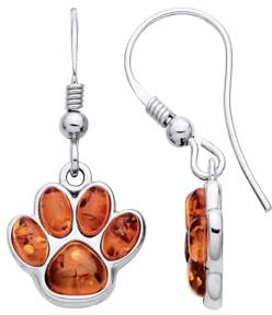 Old English Jewellers 925 Sterling Silver Baltic Amber Paw Print Hook Drop Dangle Earrings - Natural Amber Drop Womens Earrings - Ladies Animal Paw Drop Earrings