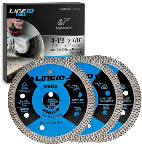 LINE10 Tools 3pk 4.5 Inch Diamond Saw Blades for Angle Grinder - Ultra Thin Tile Cutting Wheel Ceramic Blade - Professional Porcelain Tile Cutter Tool X-Turbo Rim for Granite Stone Masonry Wet Dry Cut