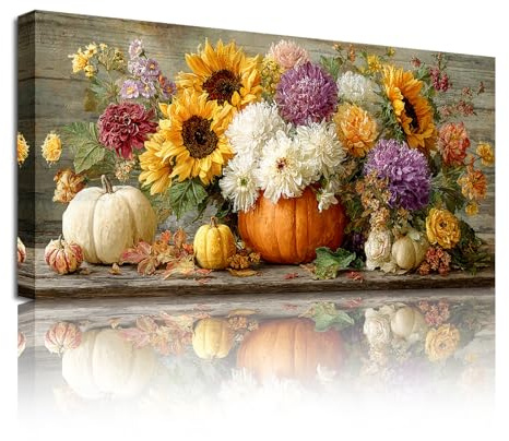 SERIMINO Aesthetic Wandbild Bunte Wildblume Leinwand Bilder Groß 50x100 cm | Herbstblumen KüRbis Wanddeko, HD Druck, Stabiler Massivholzrahmen, Einfache Montage, Mehr GrößEn, Vielseitig Einsetzbar