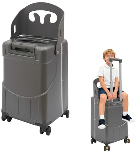 MARTEXBUY Kids Ride-on Luggage with Foldable Back Rest, 22 Carry On Luggage Travel Trolley Case with Seat for Children, Top Opening Suitcase with Spinner Wheels and Lock (Dark Grey, 22 Inch)
