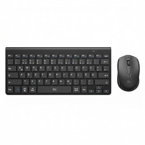 Rii Mini Tastatur Maus Set Kabellos, QWERTZ Deutsches Layout, 2,4GHz Empfänger, Superflaches Design mit 12 Multimedia-Tasten und Angenehmem Neigungswinkel für PC, Laptop, Windows, Mac - Schwarz