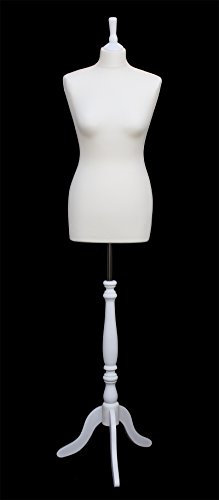 The Shopfitting Shop DELUXE Size 14/16 Female Dressmaking Dummy Tailors Bust Mannequin CREAM Jersey WHITE WOOD Tripod Stand