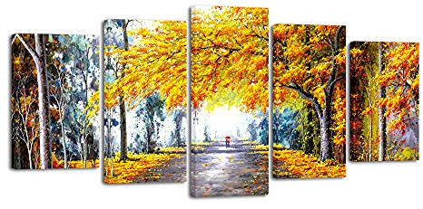 Wieco Art - Autumn Love Modern Giclee Canvas Prints Artwork 5 panels Abstract Landscape Oil Paintings Reproduction Pictures to Photo Printed on Canvas Wall Art for Office Decor 5cs/set